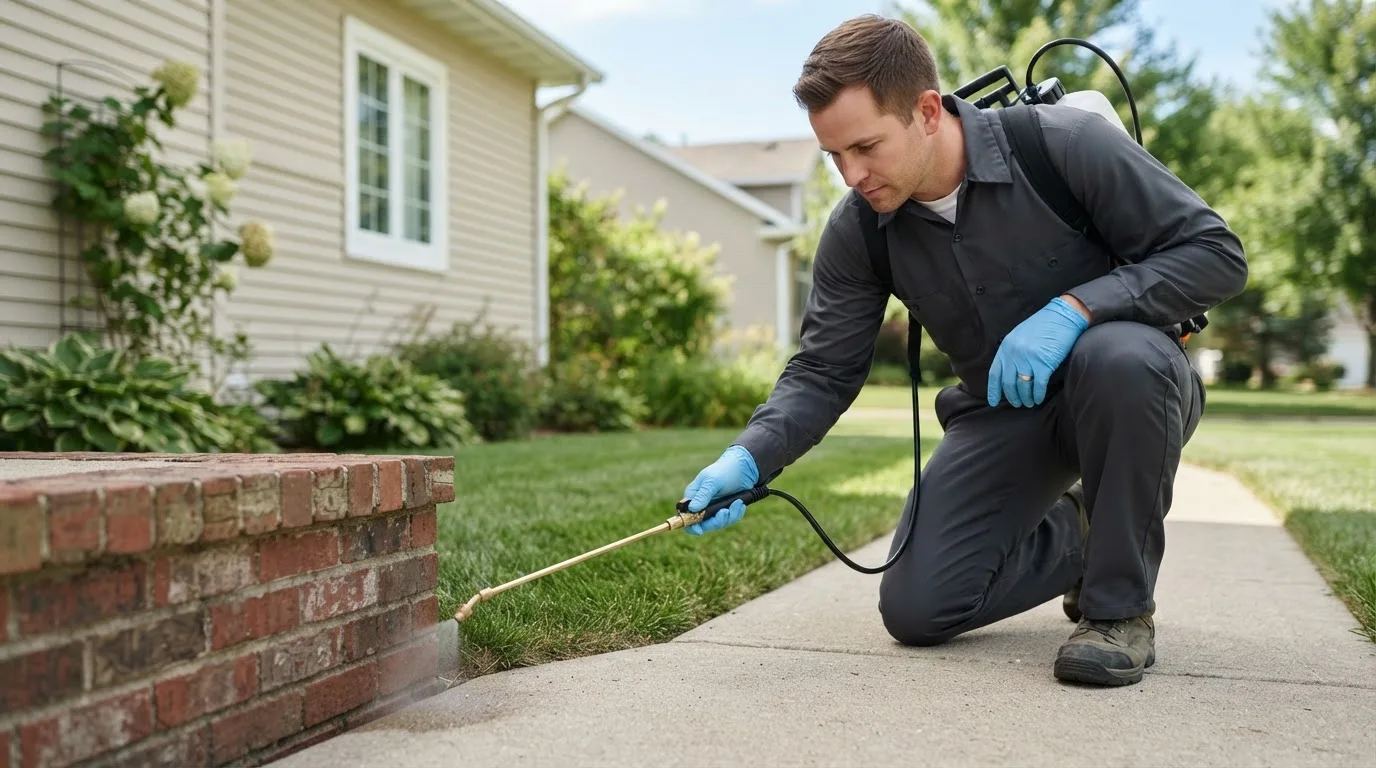 Pest control technician treating a home near Van Etten, NY